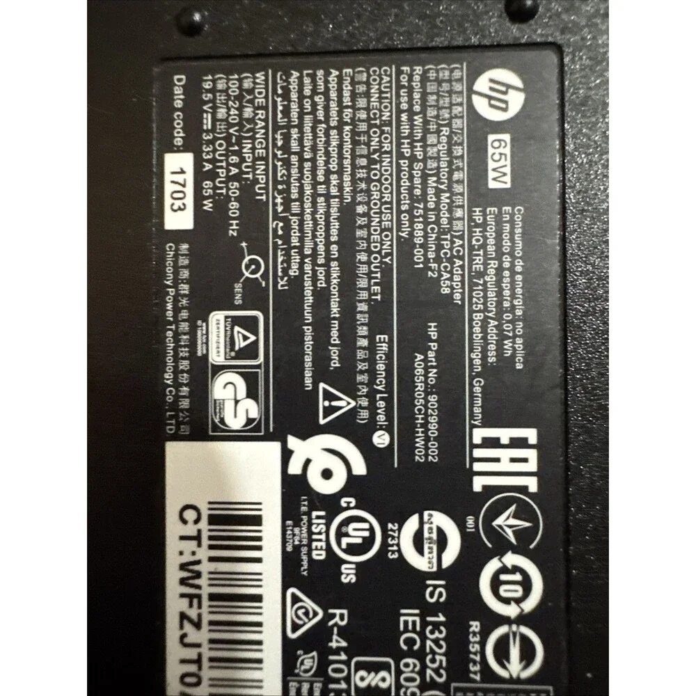HP OEM 65W 19.5V 3.33A Laptop Charger AC Power Adapter 751789-001 TPC-LA58